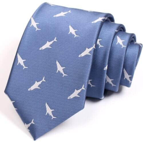 2020 New Fashion Ties For Men Business Suit Party Wedding Work Neck Tie High Quality Male Sky Blue Necktie Shark Print 7CM Tie