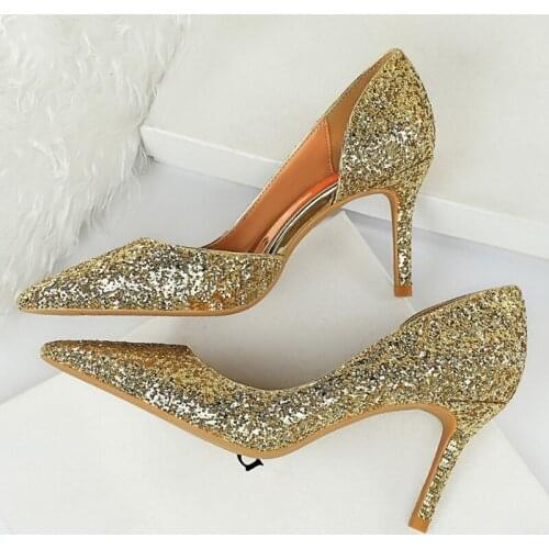 New Women 8cm High Heels Glitter Low Heels Sequins Sparkly Office Hollow Pumps Lady Female Wedding Bridal Scarpins Gold Shoes