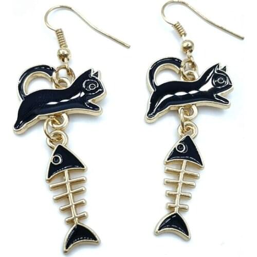 Brand new Korean version of dripping alloy double hanging cat fish bone cute pendant earrings jewelry pendant, lady cat earrings