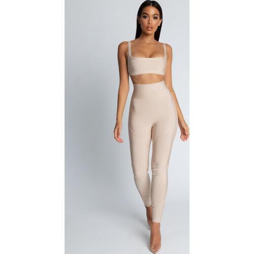 New Fashion Apricot Strap 2 Pieces Solid Rayon Sexy Bandage Women Sets Night Club Party Clothing