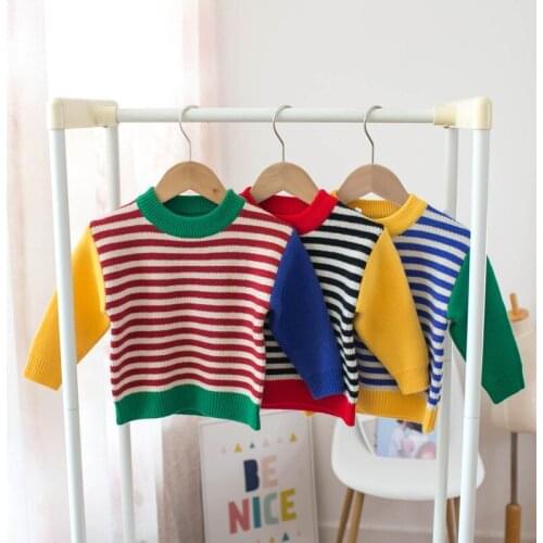 2021 autumn/winter childrens clothing sweater round collar striped pullover for boys and girls