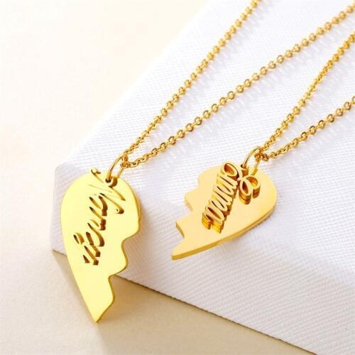 Best Friends Heart Couple Necklaces Custom Name Engraving Nameplate Necklace Stainless Steel Love Gifts for Friendship Sisters