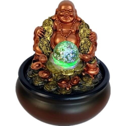 Lucky Money Maitreya Buddha Home and Office Feng Shui Decoration Tabletop Ornaments LED Light Ball Indoor Water Fountain Tea Pet