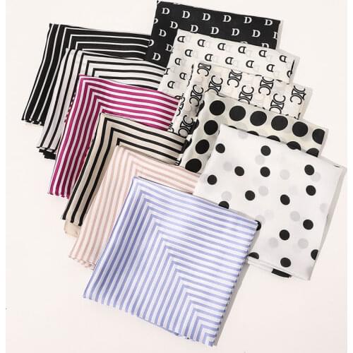 68*68CM Women Square Satin Silk scarf Striped Dot Print Wrap Foulard Female Head Neck Scarves Hair Ribbon Tie Scarves Shawls