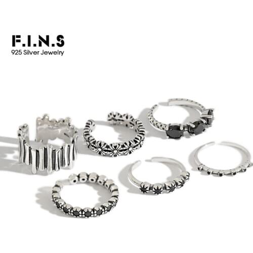 F.I.N.S Black Zirconia Stackable Ring Carving Flower Authentic Silver 925 Jewelry Turkish Open Sterling Silver Rings for Women