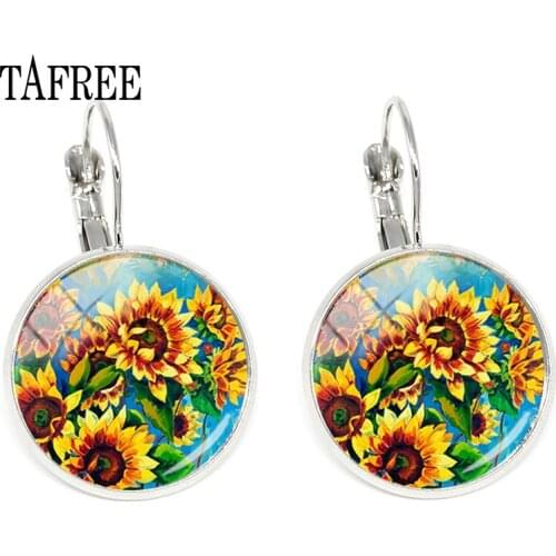 TAFREE Fashion Sunflower Glass Photo Cabochon Clip Earring Round Handmade Jewelry Dainty Forever Women Earrings Gift XR33