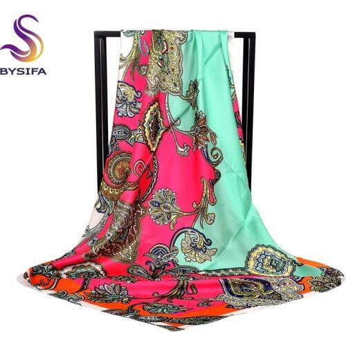 [BYSIFA] Brand Green Pink Silk Scarf Cape New Paisley Large Square Scarves Muslim Headscarves Women Satin Scarf Shawl 110*110cm