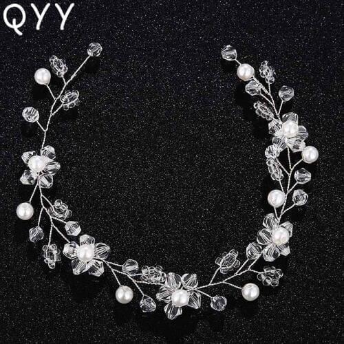 QYY Stretch Flower Headband Women Hair Chains Tiara Vines For Bridal Wedding Headpiece Beads Pearl Jewelry Headwear Accessories