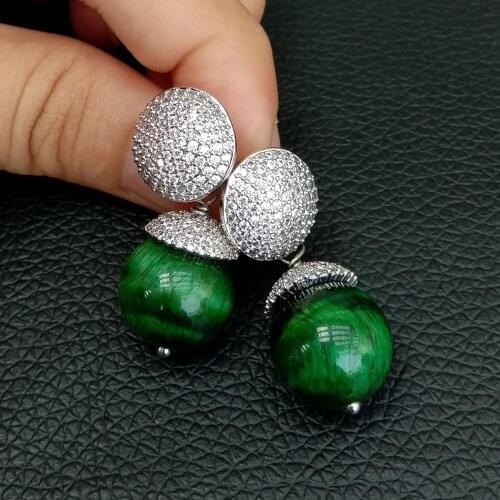 14mm Round Green Tiger Eye Cz pave Stud Earrings For Women Classic Simple Rhinestone Earring Wedding Luxury Party Crystal