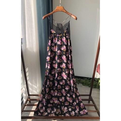 100% Silk Women Floral Sling Midi Dress Ladies Sleeveless V-Neck Lace Trim Patchwork Soft Long Dresses 2021 Spring Summer