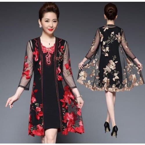 Summer Spring Women Embroidery Flower 3/4 Sleeve Black Mesh Dress 2 Pieces Set , Woman Rhinestone 5xl Elegant Dresses