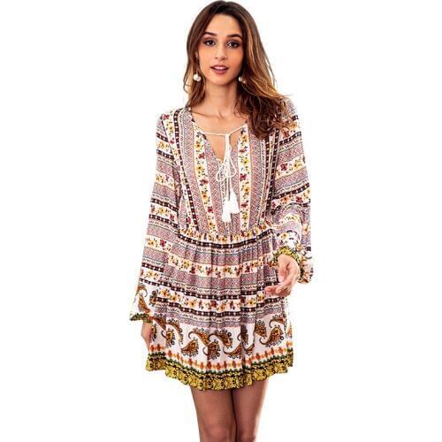 Paney Quin 2018 New Fashion Women Dress 4 Colors Bohemia V Collar Women Dress Long Sleeves Middle Waist Sexy Mini Dress