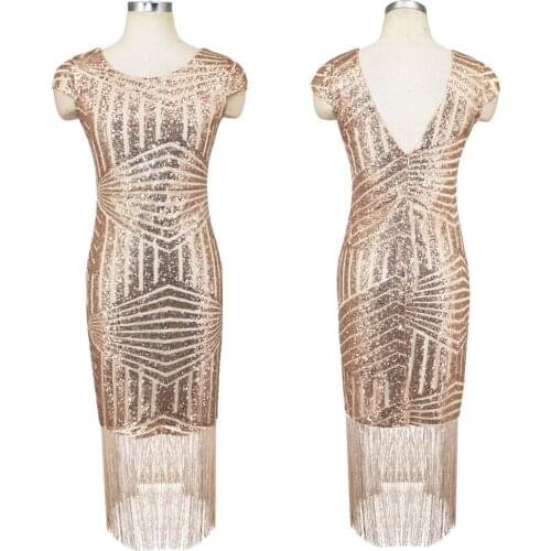 Champagne 1920s Gatsby Party Dress Vintage Women Geometric Cap Sleeve Plunge Cut Out V Back Sequin Fringe Dress Midi Vestido