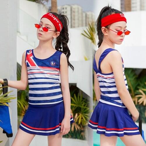 2021 New Fashion Girls Sports Style Swimwear Casual Cute Stripes 11-14 Year Old Pupils Split Skirt Swimwear