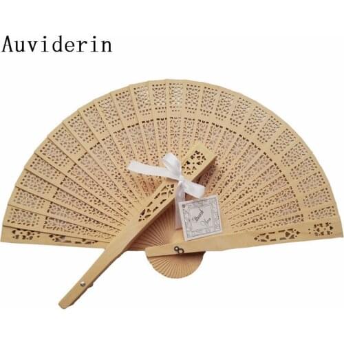 [Auviderin] 50pcs Wood Hand Fans with Bow and "Thank You" Tag Personalized Names for Wedding Favors Gift Wood Folded Fan