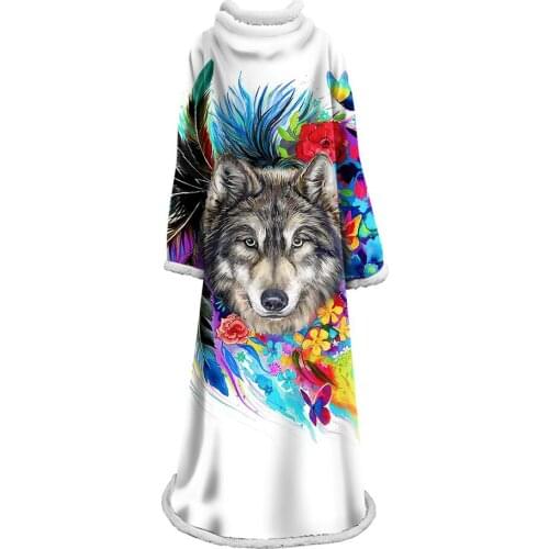 Wolves Printed Velvet Plush Throw Sleeve Blanket Bedspread for Kids Girls Sherpa Travel Blanket With Sleeve