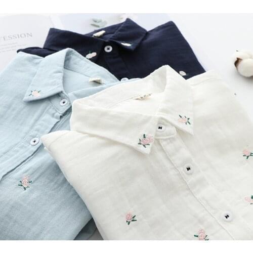 Cotton Yarn Shirts Women Autumn Spring Floral Embroidery Blouses Long Sleeve Lady Tops News