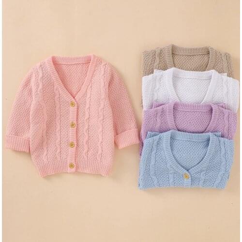 Girl’s Solid Color Knitted Cardigan Long Sleeve V-neck Single Breasted Warm Coat Lovely Baby Clothes for Spring and Autumn