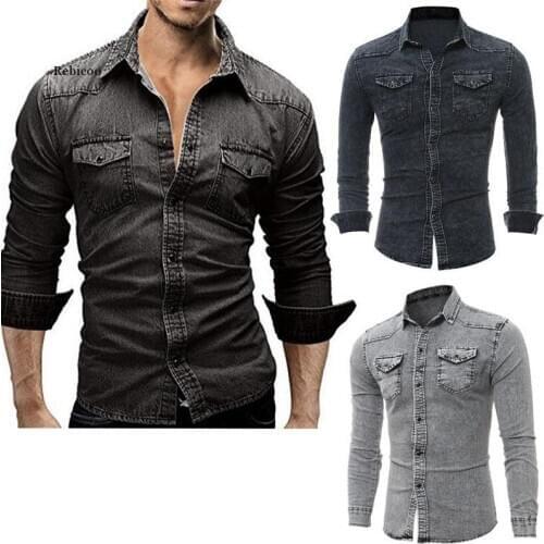New Fashion Mens Long Sleeves Jeans Casual Slim Fit Stylish Wash-Vintage Denim Shirts Tops Plus Size M-3Xl
