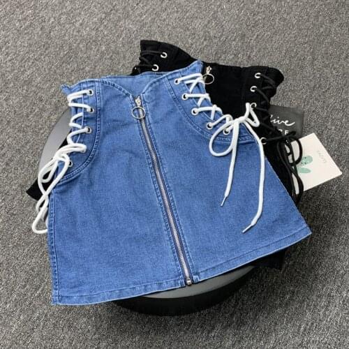 Denim A-line lace-up skirts women front ring zipper fashion empire mini skirt bottoms women