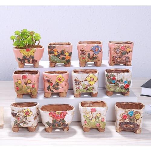Ceramic Garden Art Succulent Plant Pot Cute Hand Painted Floral Flowerpot Coarse Poterry Flowerpot Office Desktop Decoration