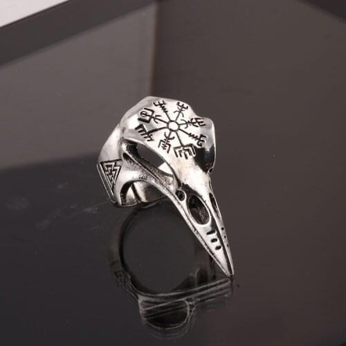 Nordic Style Viking Pirate Silver Color Crow Skull Compass Rings for Men Women Adjustable Punk Rings Vintage Unisex Jewelry