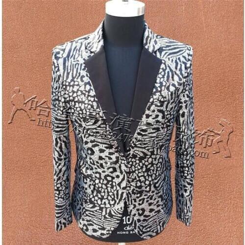 Leopard Camouflage Sequins Suits Mens Designs Masculino Homme Terno Stage Singers Mens Blazer Dance Clothes Jacket Star Style