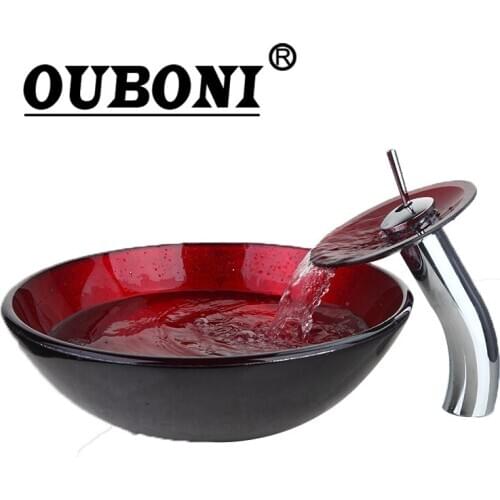 OUBONI Red Artistic Style Basin Sink Vessel Vanity Waterfall Faucet Chrome Pop up Drain Basin Mixer Tap Set