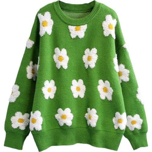 Fashion Floral Print Womens Sweater 2021 Spring Autumn Loose Pullover Knitted Sweater Casual Streetwear Cute Womens Jumpers