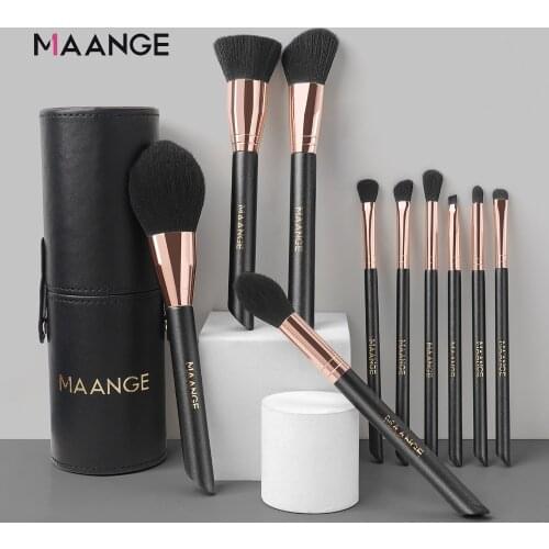 MAANGE 10Pcs Black Makeup Brushes with Bucket Foundation Powder Blush Eyeshadow Eyebrow Eyeliner Maquiagem Brush Make Up Tools