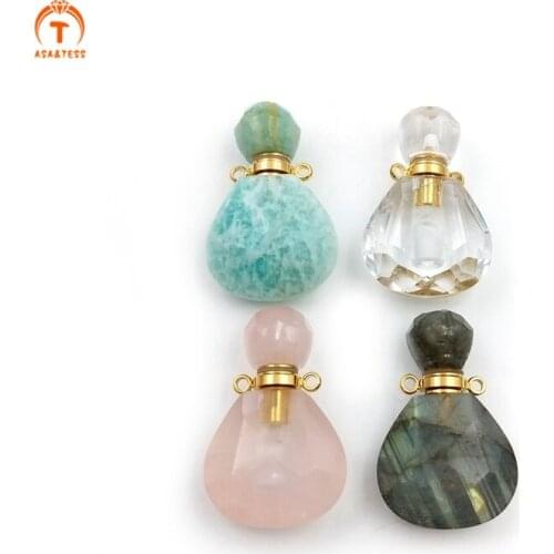Natural Stone Perfume Bottle Pendant Pear Shape Essential Oil Diffuser Crystal Quartz Vial For Women Necklace Jewelry DIY