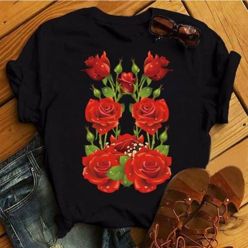 New Women Black T Shirt Red Rose Flower Printed T Shirt Fashion Female Causal Tops Harajuku Ladies Women Graphic Tee Shirts Tops