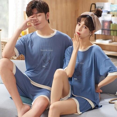 Pure Cotton Pure Color Short Sleeves Couple Nightie Fashion Loose Two-piece Home Wear Concise Comfortable Men Women Pajamas Set