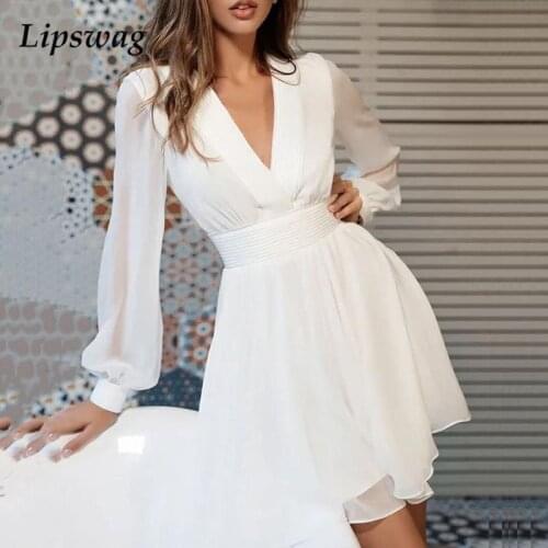 Sexy Deep V Neck Autumn Mini Dresses Women Long Sleeve Elegant Party Dress Fashion Office Lady Slim Waist A-Line Dress Vestidos
