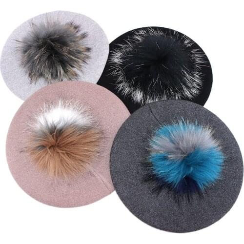Casual Warm Multi-color real fur pompom Berets Caps For Women 2021 Winter Ladies Hats Wool Slouchy Skullies Beanies French Beret