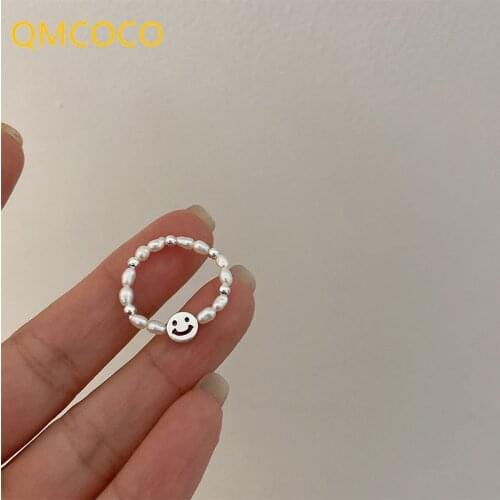 QMCOCO 925 Silver Korean Style Smile Pearl Fashion Open Ring INS Simple Personality Design Vintage Elegant Party Gifts For Girl