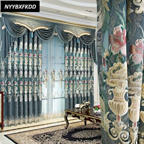 Luxury European Curtains for Living Room Bedroom Light Embroidered Chenille Curtains Tulle Finished Product Customization