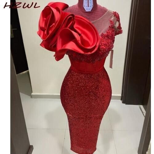 Bling Red Sequins Mermaid Prom Dresses Scoop Short Sleeves Flowers Beading Tea Length Party Dress Cheap Women vestidos de cóctel