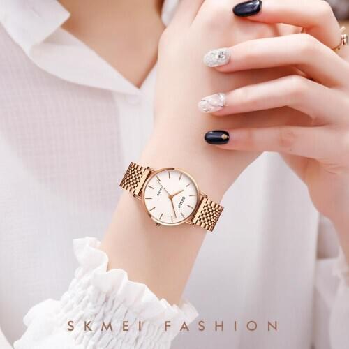 SKMEI Simple Thin Quartz Ladies Dress Watch Stainless Steel Band Women Rose Gold Waterproof Watches Relogio Feminino