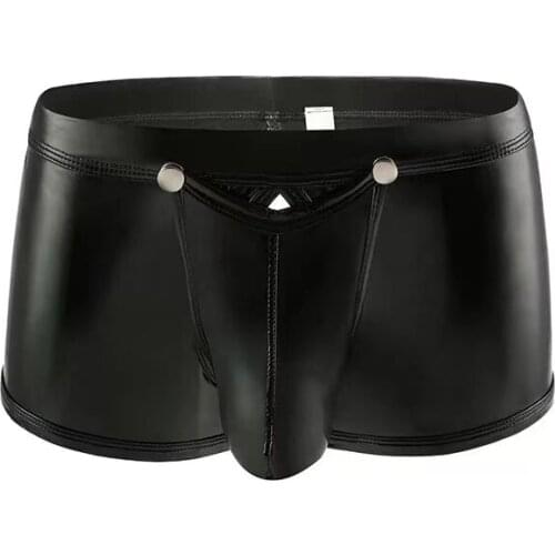 1pcs Mens Patent Leather Boxer Briefs Low Waist Hollow Mens Sexy Thongs Mens Underwear Exotic Clothing