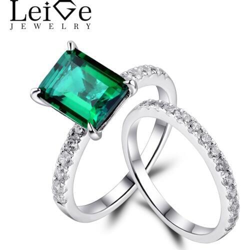 Leige Jewelry Emerald Rings Set Green Gemstone Engagement Rings for Women Sterling Silver 925 Rings Fine Jewelry Emerald Cut