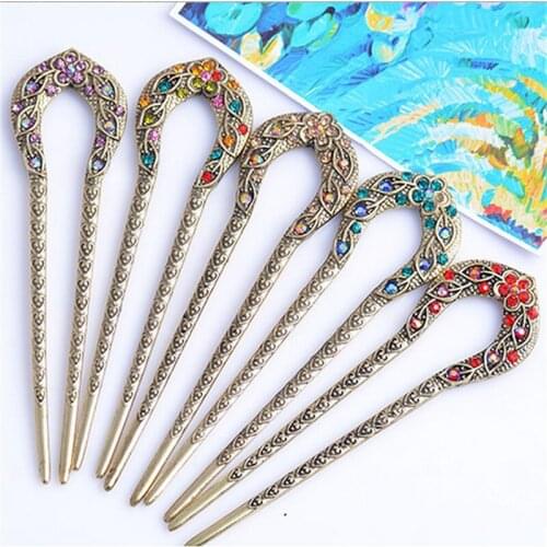 Vintage Hair Accessories Antique Bronze Plated Hairpins U shape Hair Stick Pin Women Rhinestone Flower Hair Jewelry