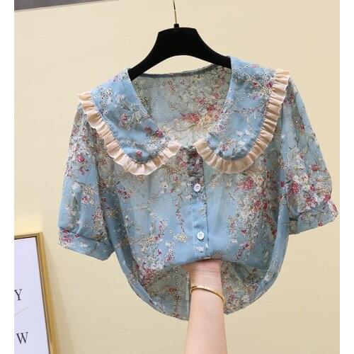 Summer New Women Fashion Elegant Peter Pan Collar Chiffon Shirt Short Sleeve Single-breasted Floral Blouse Blusa 2021 Y725