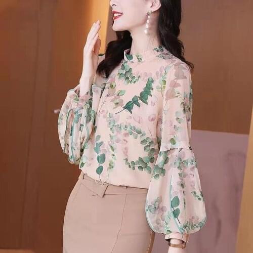 Spring Fall 2021 Women Vintage Stand Collar Lantern Full Sleeve Floral Blouse , Woman Clothes Flower Pattern Top Blouses