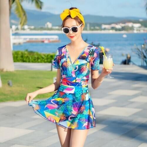 Swimsuit womens one-piece skirt style flat angle sexy big chest steel support small chest gathering show thin big size holiday