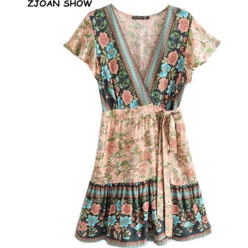 2019 New Women Bohemian Cross V neck Floral Print Wrap Dress Holiday Short sleeve Tie Bow Waist Split Slim Fit Short Dresses