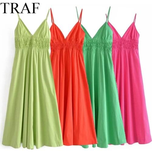 TRAF ZA Womens Clothing Dresses Chic Solid Color Backless Spaghetti Strap Mid-Calf Dress Sexy Elastic Waist Elegant Sundress