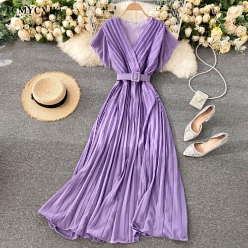 Summer Vacation Chiffon Dresses For Women 2021 Pleated Long Dress Solid Color Temperament V-neck Maxi Bohemia Dress Robe Femme