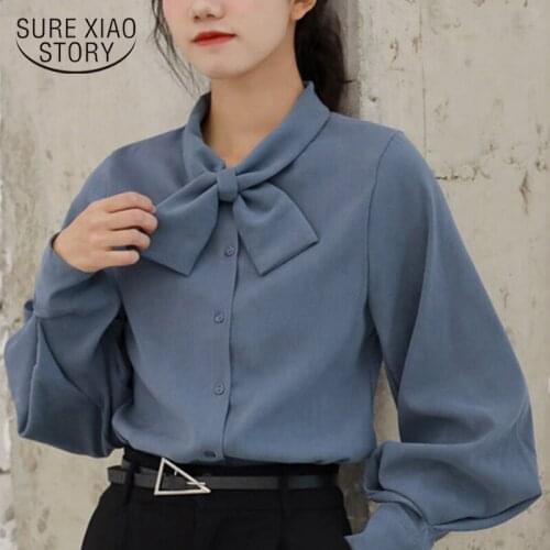 2021 Spring Womens Tops and Blouses Casual Loose Long Sleeve Solid O-neck Woman Clothes Bow with Button Ladies Tops 8896