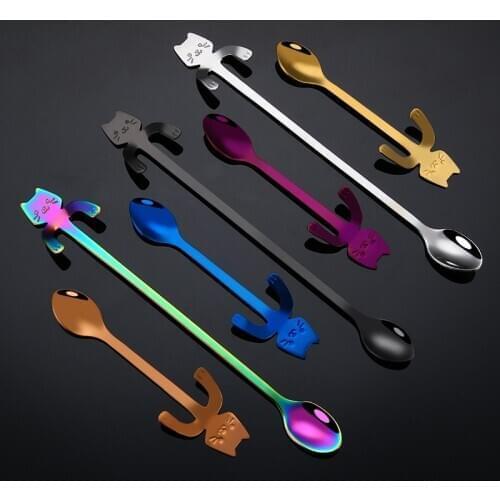 304 stainless steel spoon creative cartoon hanging cup spoon long handle cat stirring coffee tea mug spoon kitchen utensils
